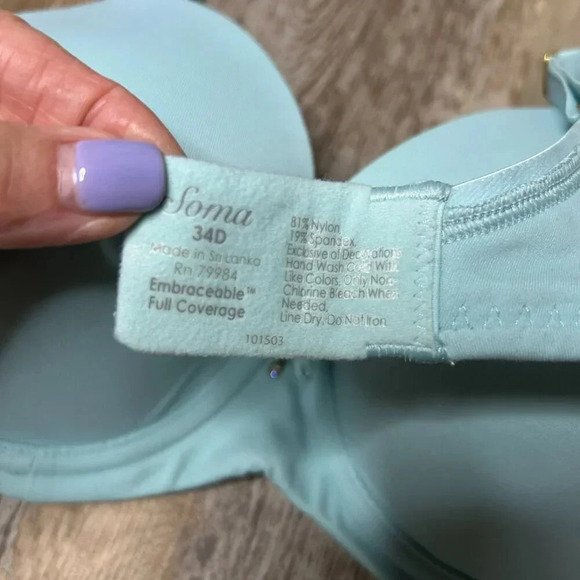 Soma Aqua Blue Embraceable Full Coverage Padded Underwire T Shirt Bra Size 34D - Picture 3 of 5